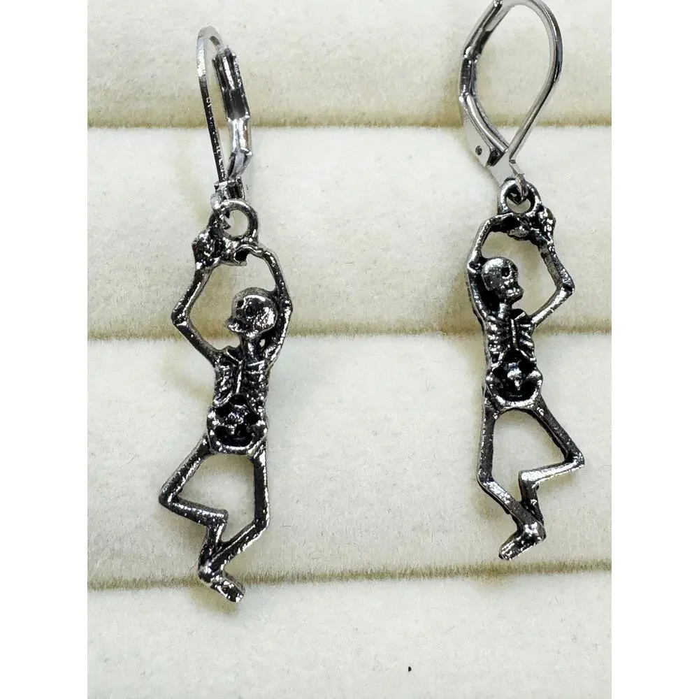 Halloween Skeleton Dangle Earrings Silver Tone Leverback Gothic Spooky 1.5